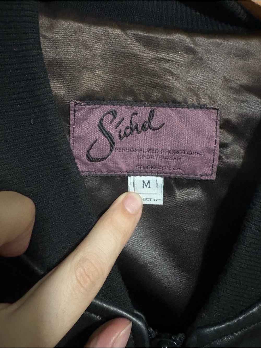 SICHEL Vintage Universal City Employee Black Leather Bomber with Yellow Sleeves - Picture 4 of 11